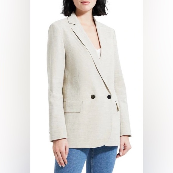 🔥THEORY Boy Double-Breasted Stretch Linen-Blend Blazer Size 6 in Oat Melange 🔥 - Picture 3 of 16
